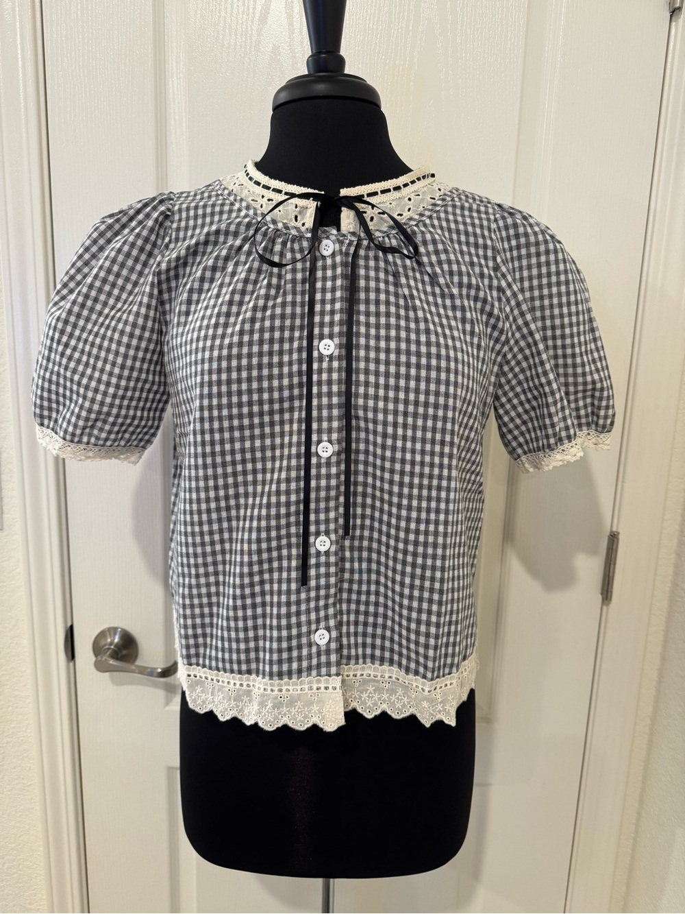Gingham Puff Sleeve Button-Down Blouse with Lace Trim